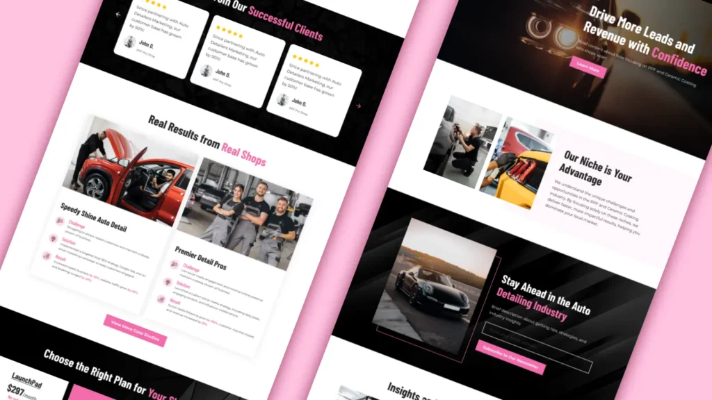 Auto detailing landing page design featuring sports cars, bold headline, call-to-action button, blog posts, a newsletter signup, and business information.