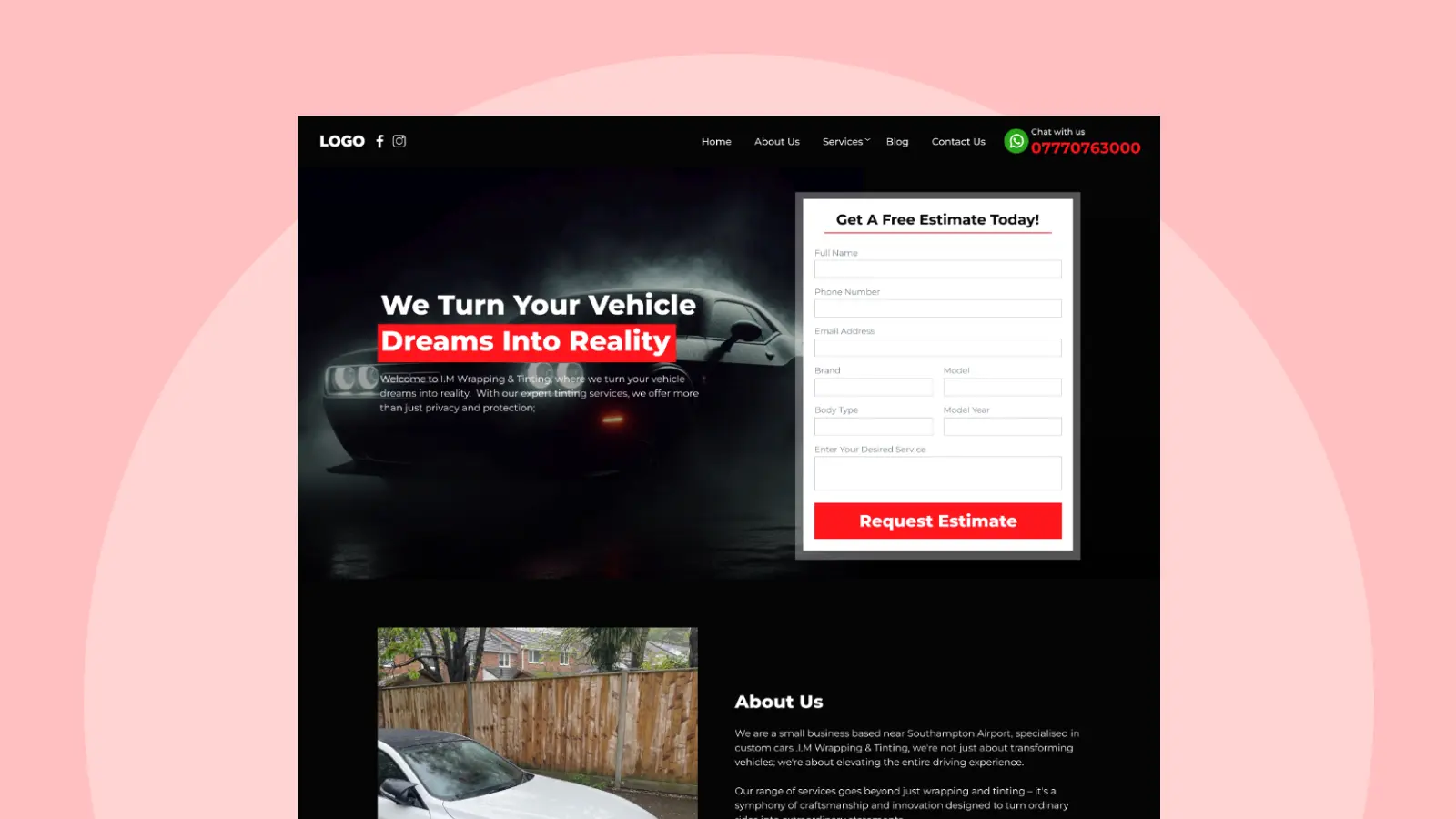 Automotive service landing page with a dark-themed hero section, bold red call-to-action, and lead capture form offering free vehicle service estimates.