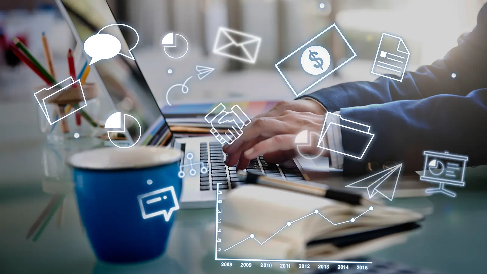 Person typing on laptop with digital marketing icons overlayed, including charts, email, messaging, handshake, and dollar symbols.