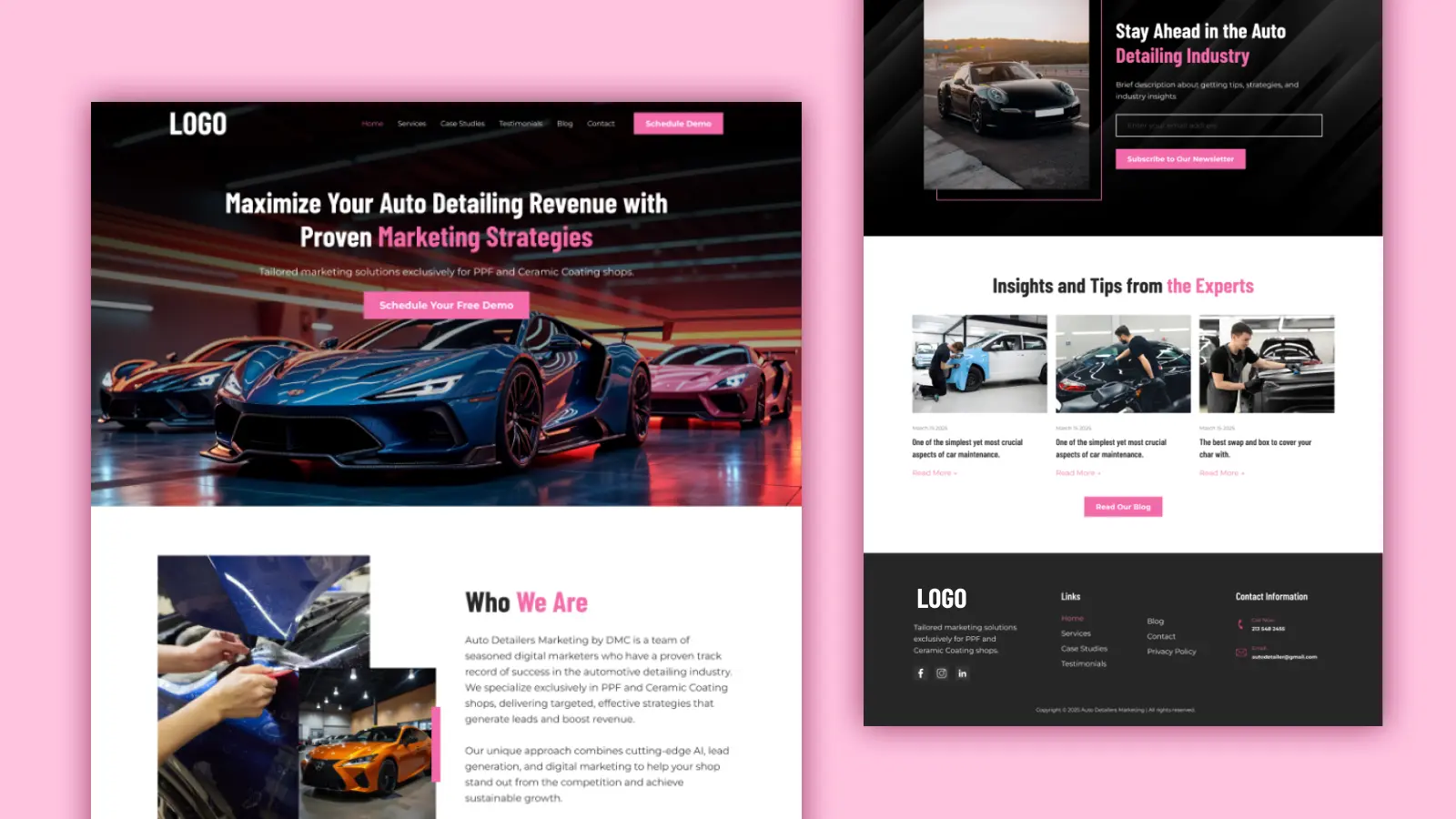 Responsive car dealership landing page design featuring luxury vehicles, strong call-to-actions, service sections, and a blog feed for user engagement.
