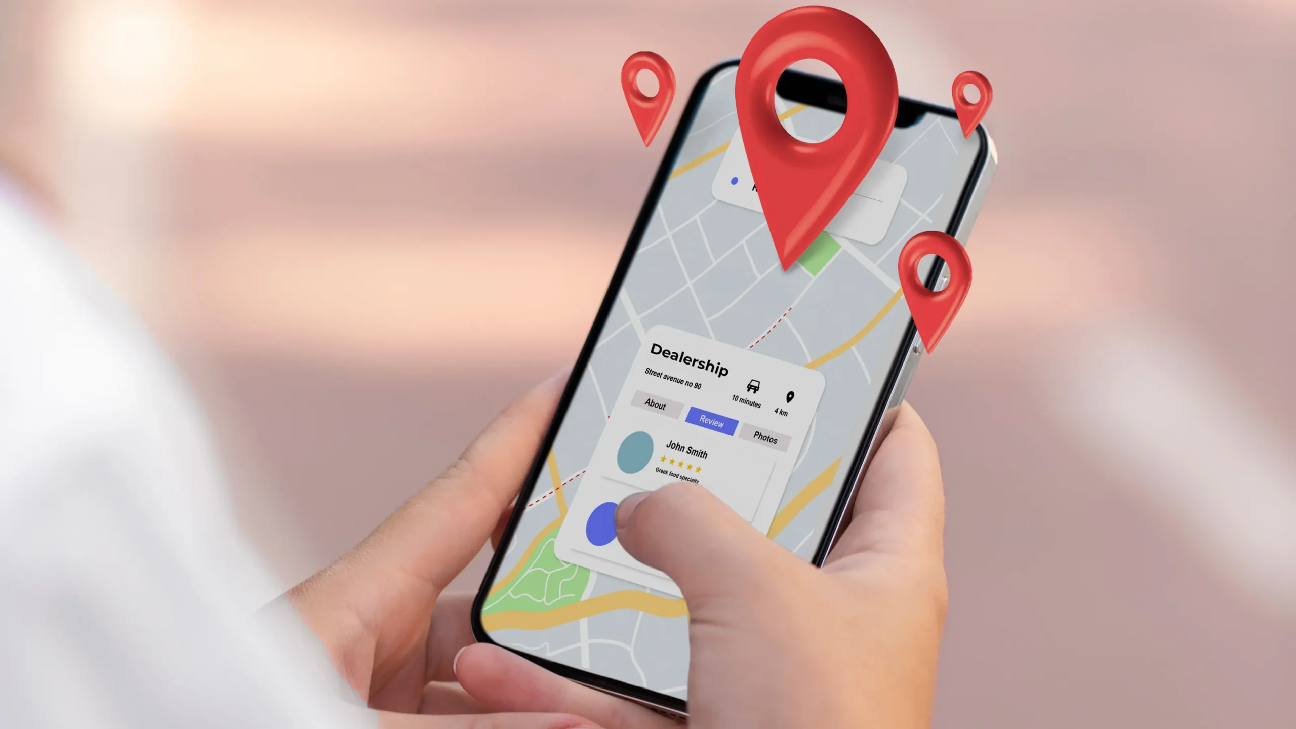 Car dealership website being optimized for local SEO with map and search tools