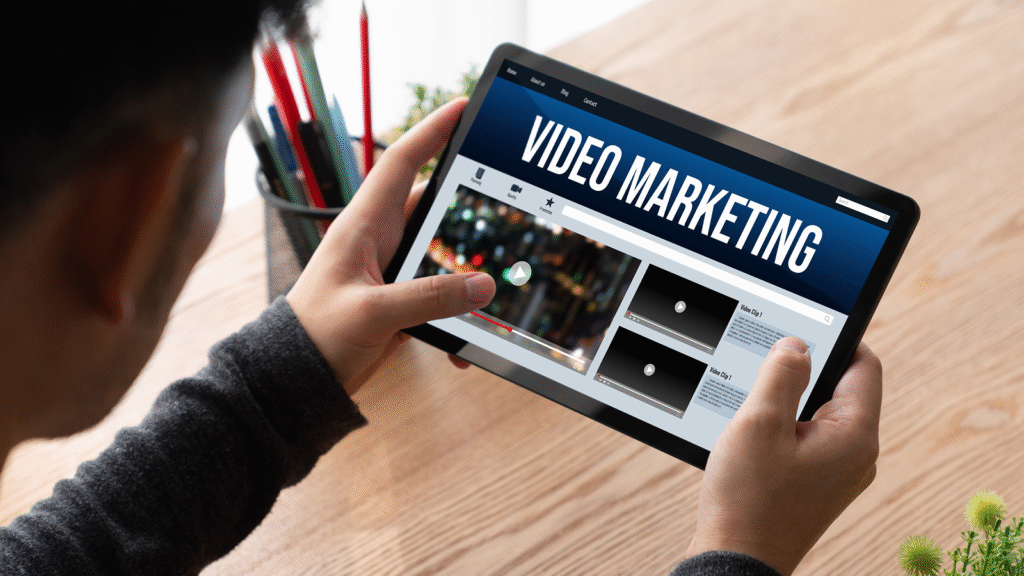 Digital marketer editing promotional video content on laptop for brand campaign.