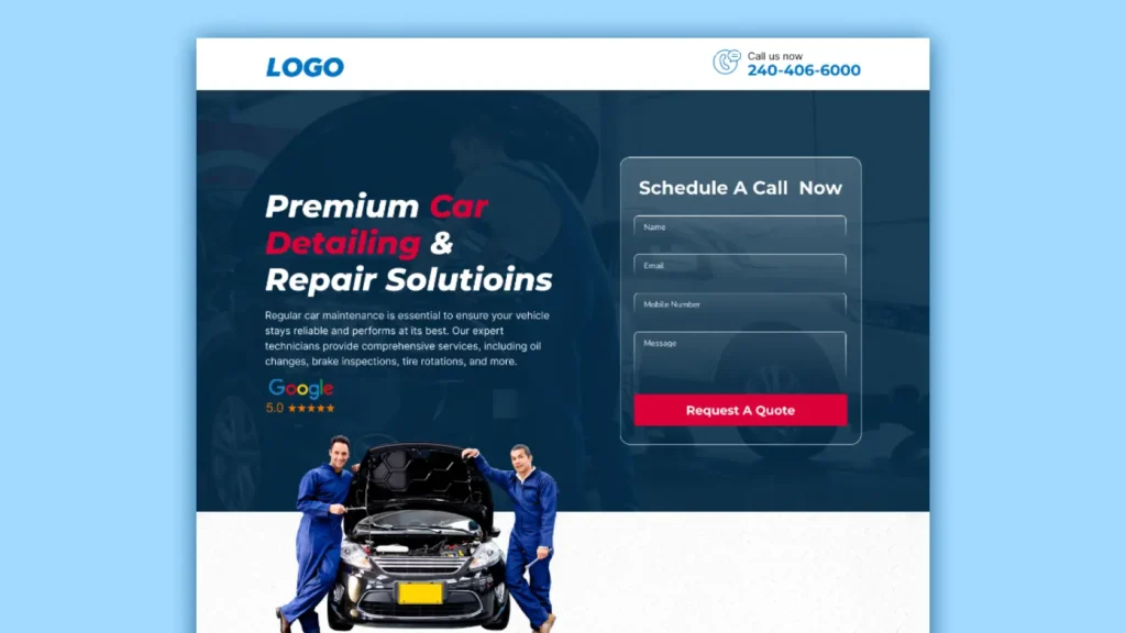 Car detailing and repair service landing page with contact form, bold headline, Google rating, and technicians standing beside an open-hood vehicle.