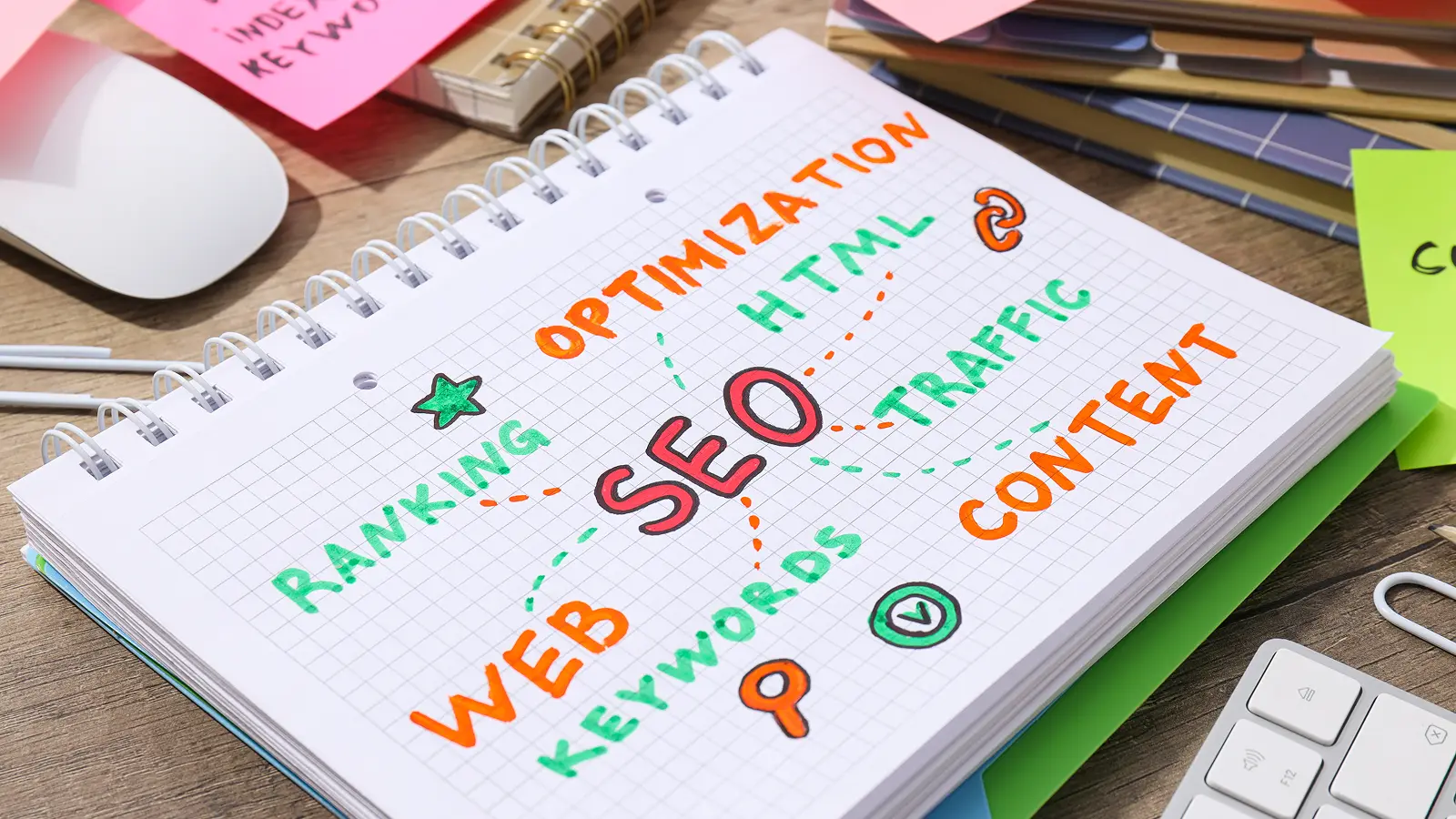 Notebook with handwritten SEO strategy elements including keywords like ranking, web, content, traffic, HTML, and optimization, placed on a wooden desk.
