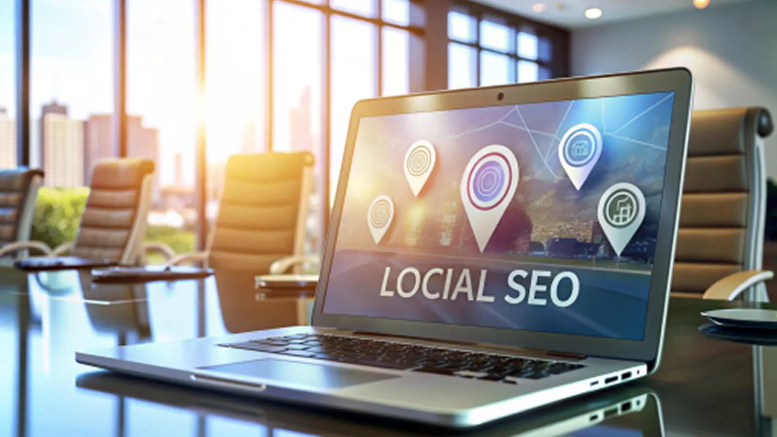 Laptop on a conference table displaying the words “Local SEO” with location pin graphics and cityscape in the background.
