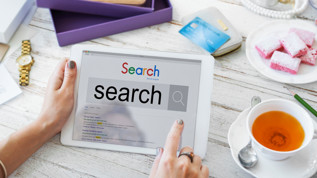 Local SEO optimization on laptop showing map and location search results