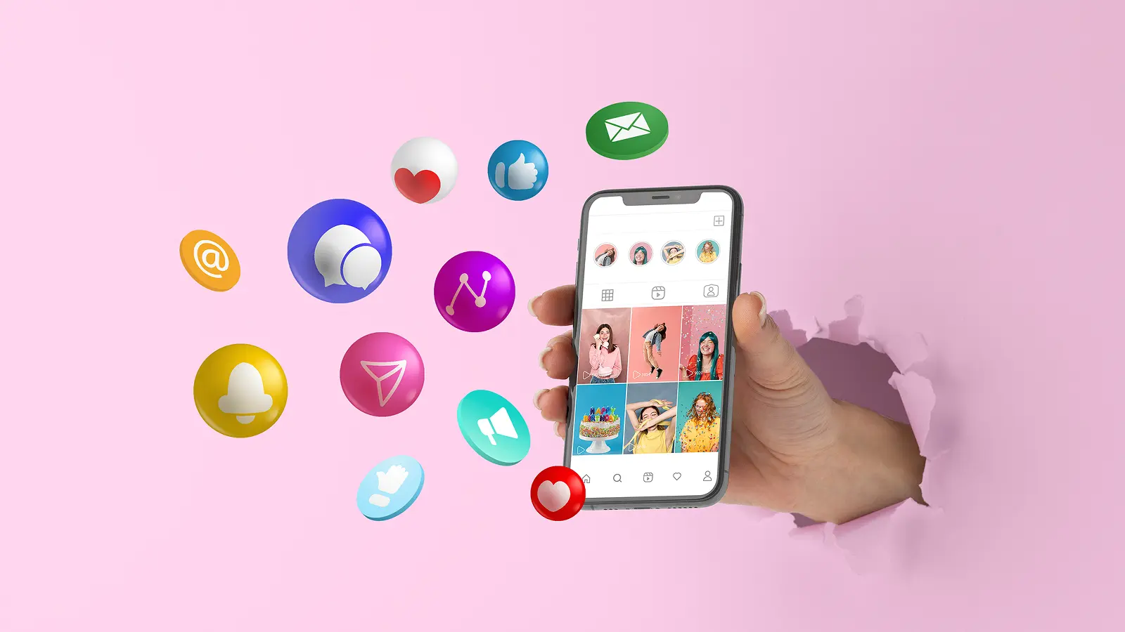 Hand holding a smartphone displaying a vibrant social media profile, surrounded by 3D floating icons like hearts, likes, messages, and notifications on a pink background.