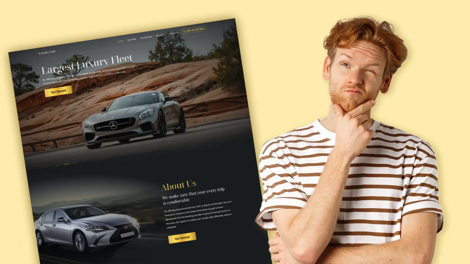 Confused man looking at luxury car rental website homepage featuring high-end Mercedes and Lexus vehicles with call-to-action buttons.